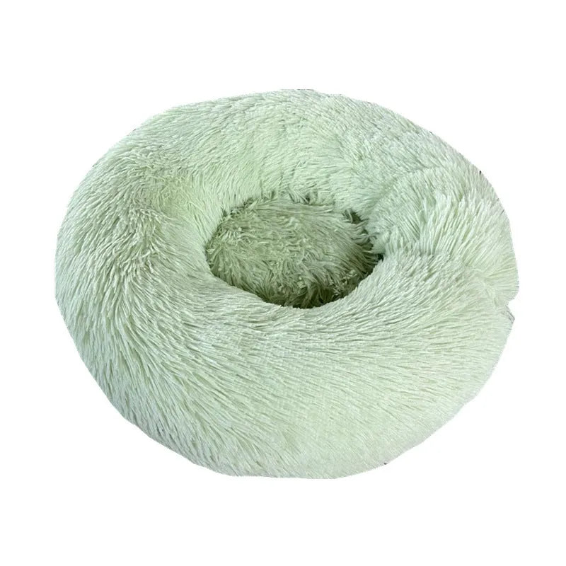 Round PV plush pet bed with raised rim in khaki colour for dogs and cats