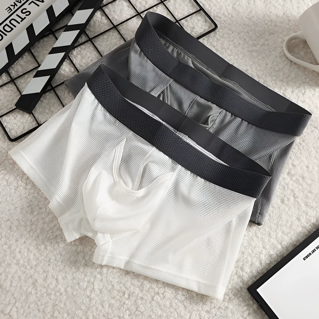 Men's solid colour ice silk boxer briefs with a low waist and mesh knit fabric.