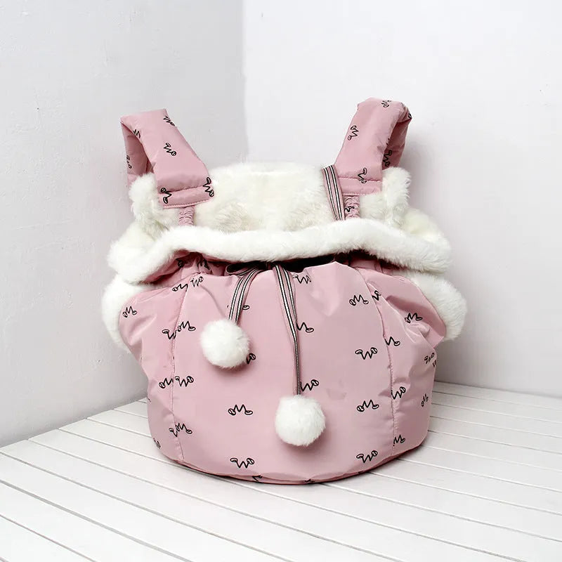 Blue winter pet carrier backpack made of plush flannel for outdoor travel with small cats and dogs