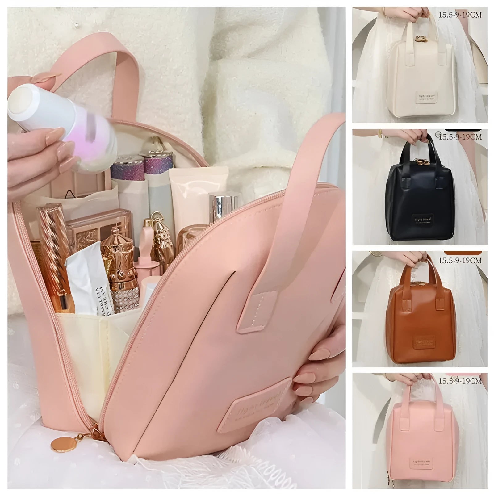 Shell shape PU leather waterproof cosmetic bag in milk apricot white with metal zipper