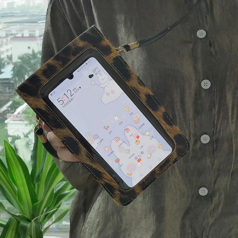 Retro leopard print PU leather phone bag for ladies with crossbody strap and touch screen function