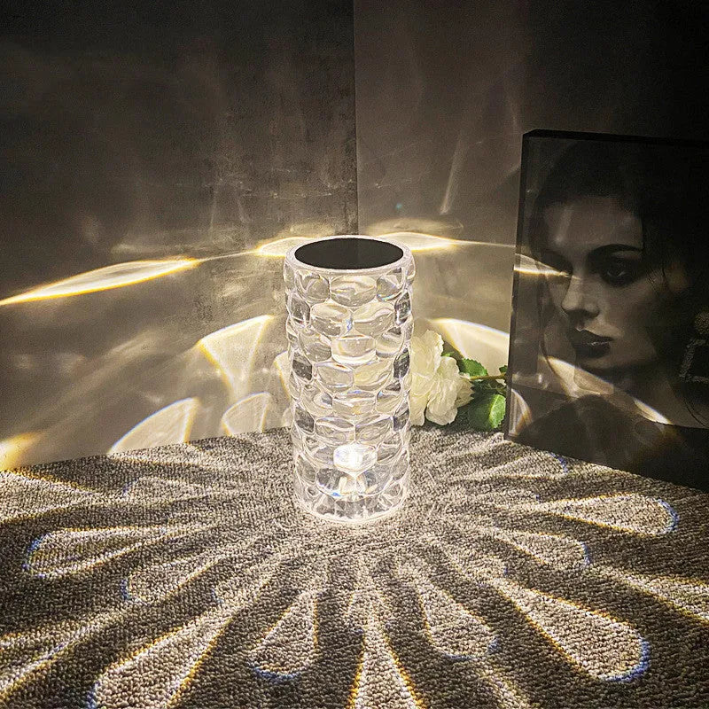 Crystal table lamp rechargeable diamond night light with teardrop acrylic shade on bedside table