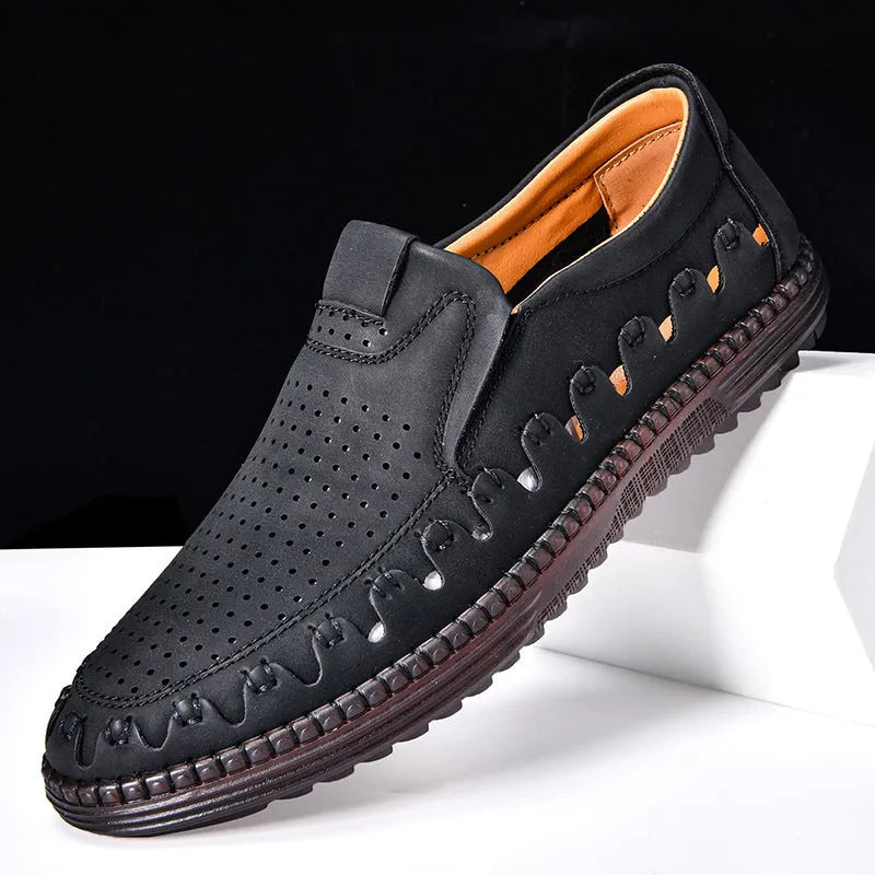 Men's brown slip-on casual leather shoes with round toe and flat heel on a white background.