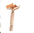Rose gold chrome plated double edge safety razor with butterfly head in travel storage box with mirror