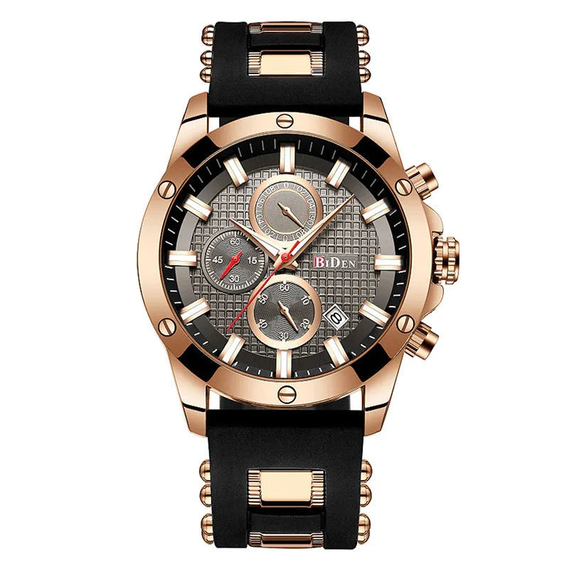 Men's quartz watch with blue dial, silicone band, 40mm alloy case and stainless steel pin buckle