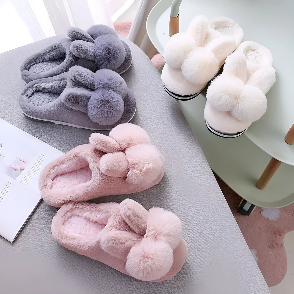 Women's rabbit fur high-upper winter slippers with floral decoration in coffee colour