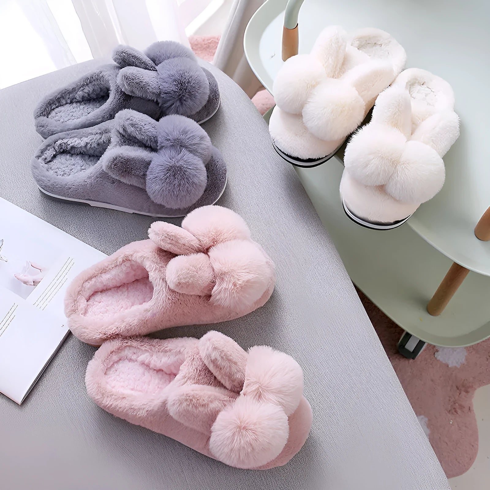 Women's rabbit fur high-upper winter slippers with floral decoration in coffee colour