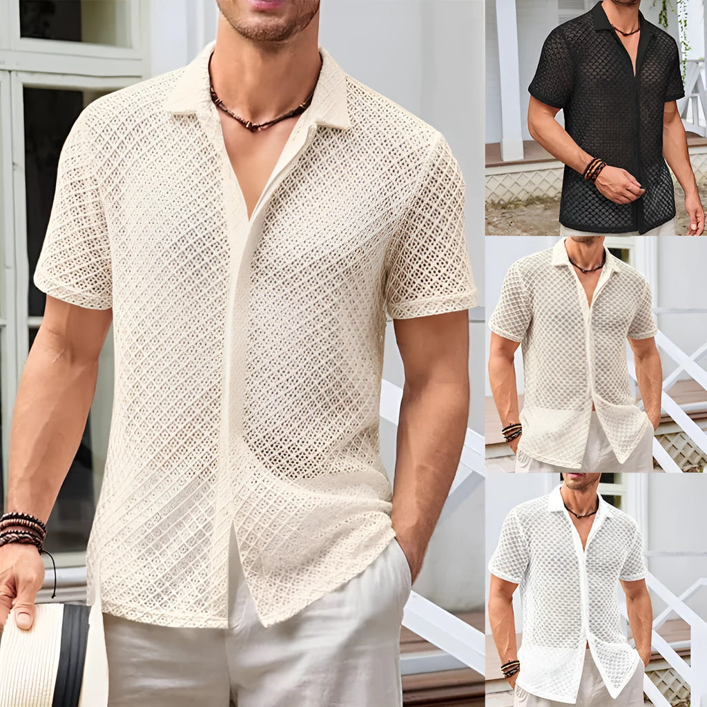 Men's light coloured mesh short sleeve shirt with lapel collar on hanger