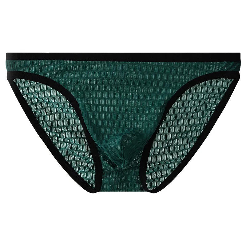 Men's low waist transparent lace underwear shorts in a solid colour on a neutral background.