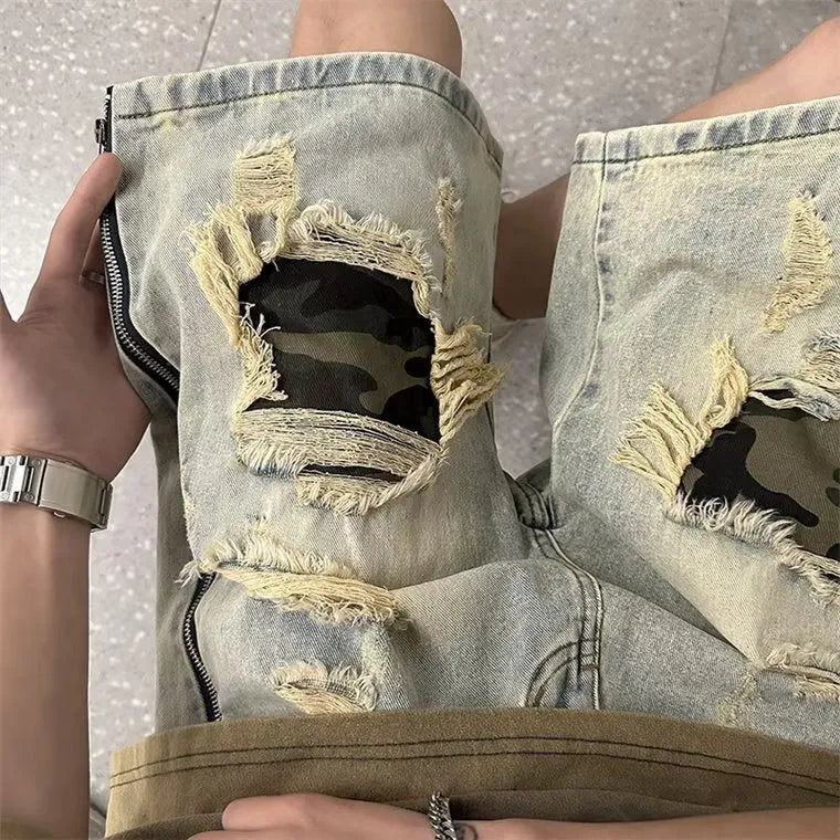 Men's yellow ripped camouflage denim shorts in a straight-leg Korean style cut.