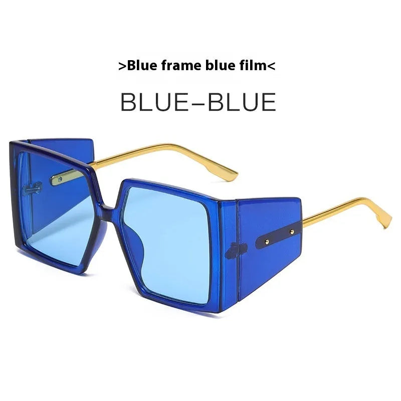 Large square frame sunglasses showing seven colour options: black, blue, champagne, hawksbill, green, orange, and white