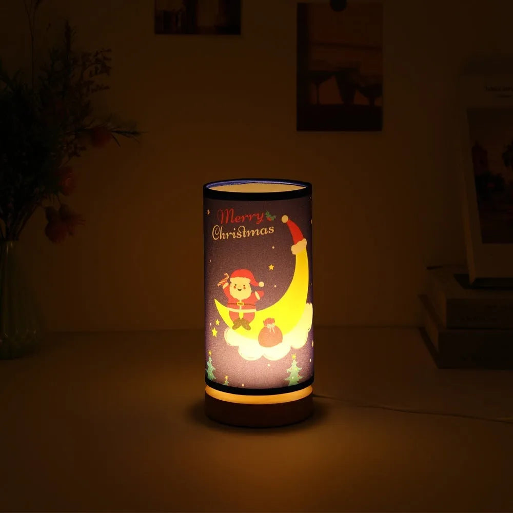 European-style Santa Claus LED night light with USB plug and bamboo base.