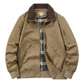 Men's plus size washed cotton baseball jacket shown in Camel colour on a hanger.