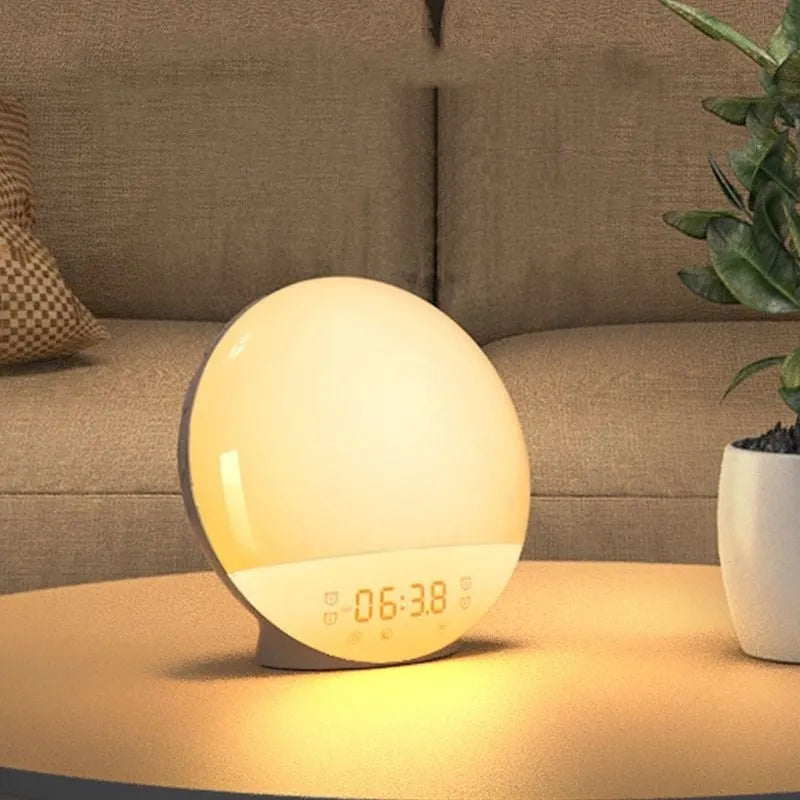 E20 wood grain basic sunrise alarm clock with USB power and night light on a table