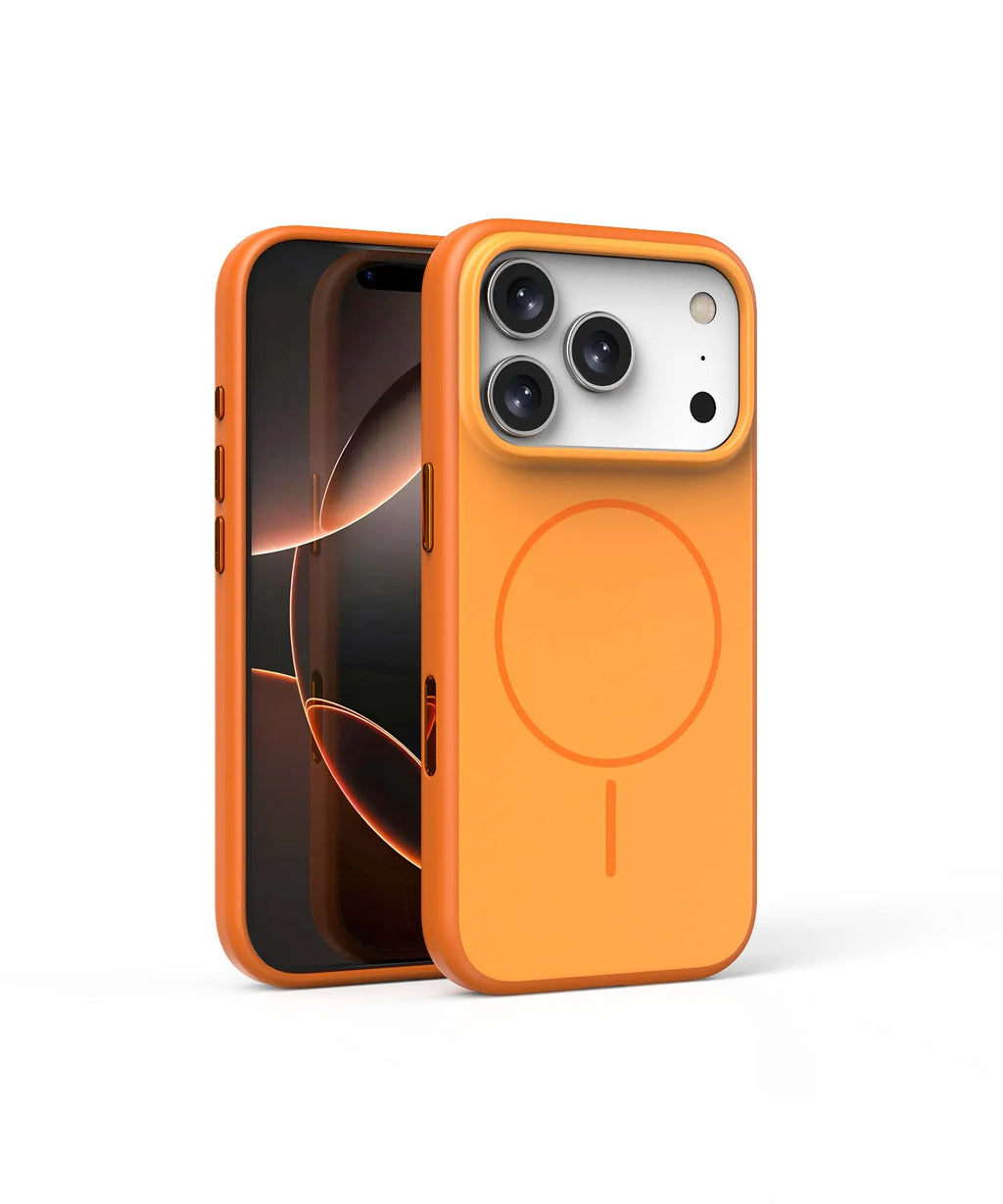 Frosted magnetic phone case for iPhone with a contrasting coloured AI photography button on the side.