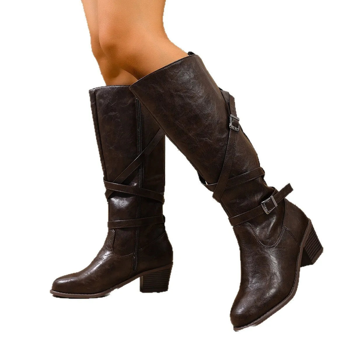 Women's retro cross belt buckle mid heel knight boots in brown, chunky heel, pointed toe, side zipper