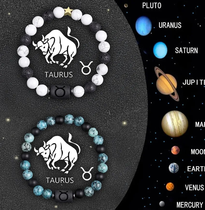 Set of two natural stone beaded bracelets showing different zodiac sign designs