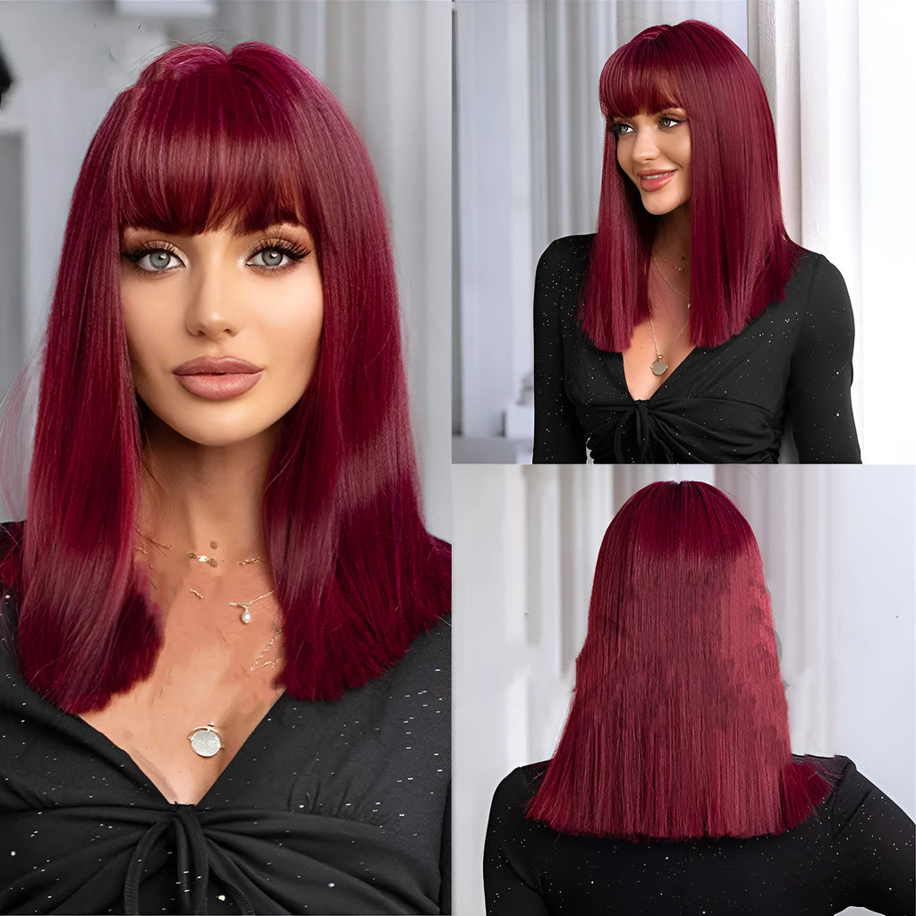 Plant green straight hair wig with bangs on a mannequin, shade LC4771, for ladies face shape modification