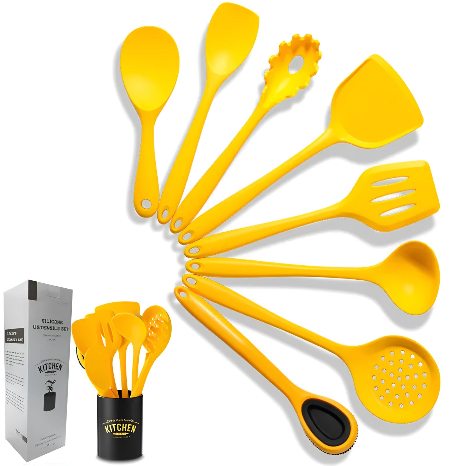 Yellow nonstick silicone and nylon cooking spoon and spatula set on a light background