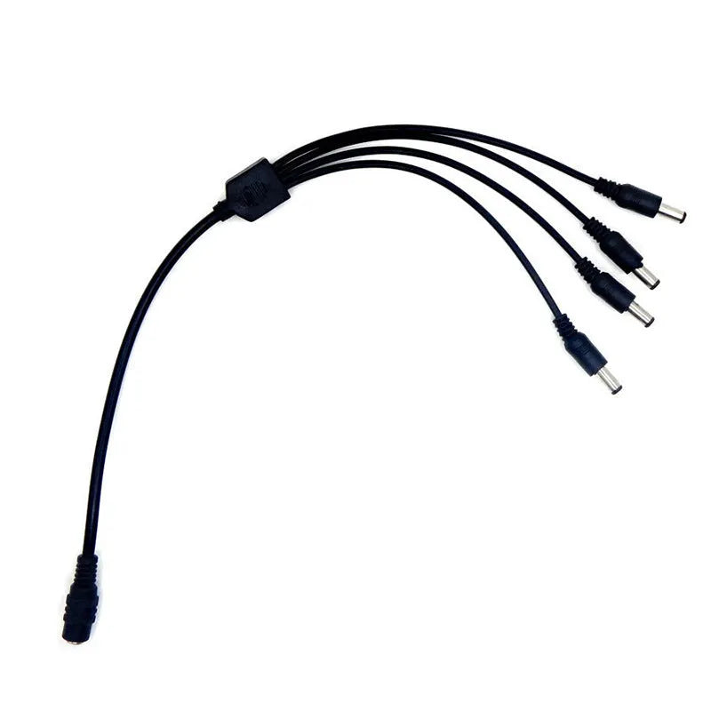 Black 12V DC 4-way power splitter cable with 5.5mm connectors for CCTV camera systems