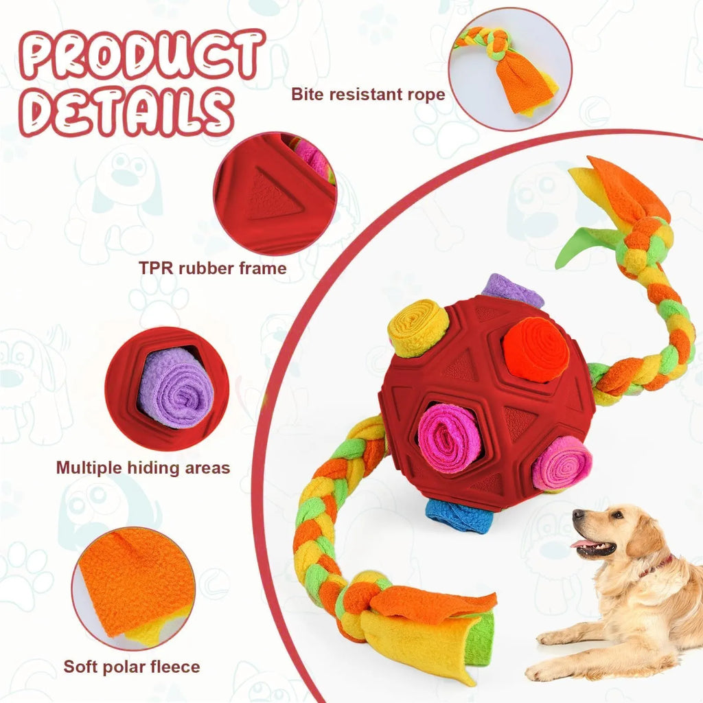 TPE sniffing ball dog puzzle toy showing textured surface with openings for treat dispensing