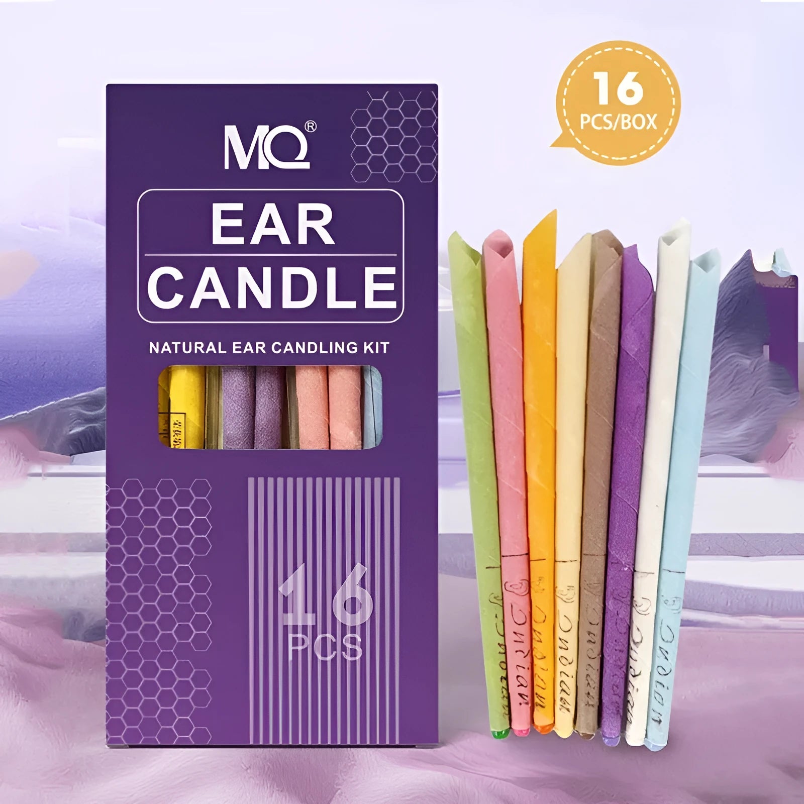 Ear candling kit showing assorted coloured candles, protection boards, and cotton swabs.