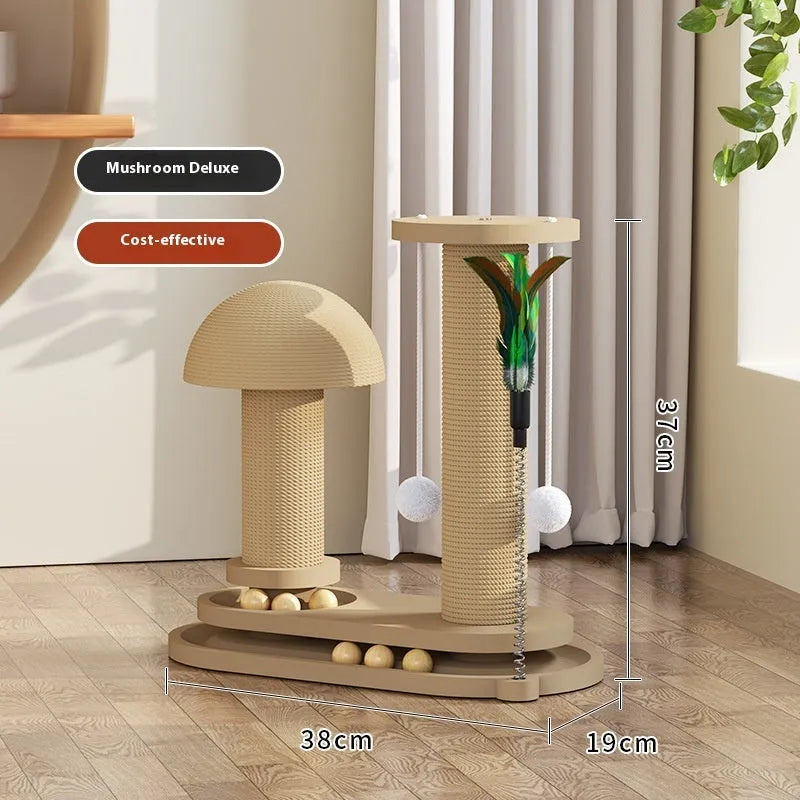Solid wood cat scratching post with a central rotating turntable, shown in a natural wood finish.