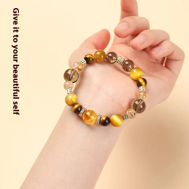 Crystal tiger-eye bracelet with lucky K-boxing design and natural yellow tower beads