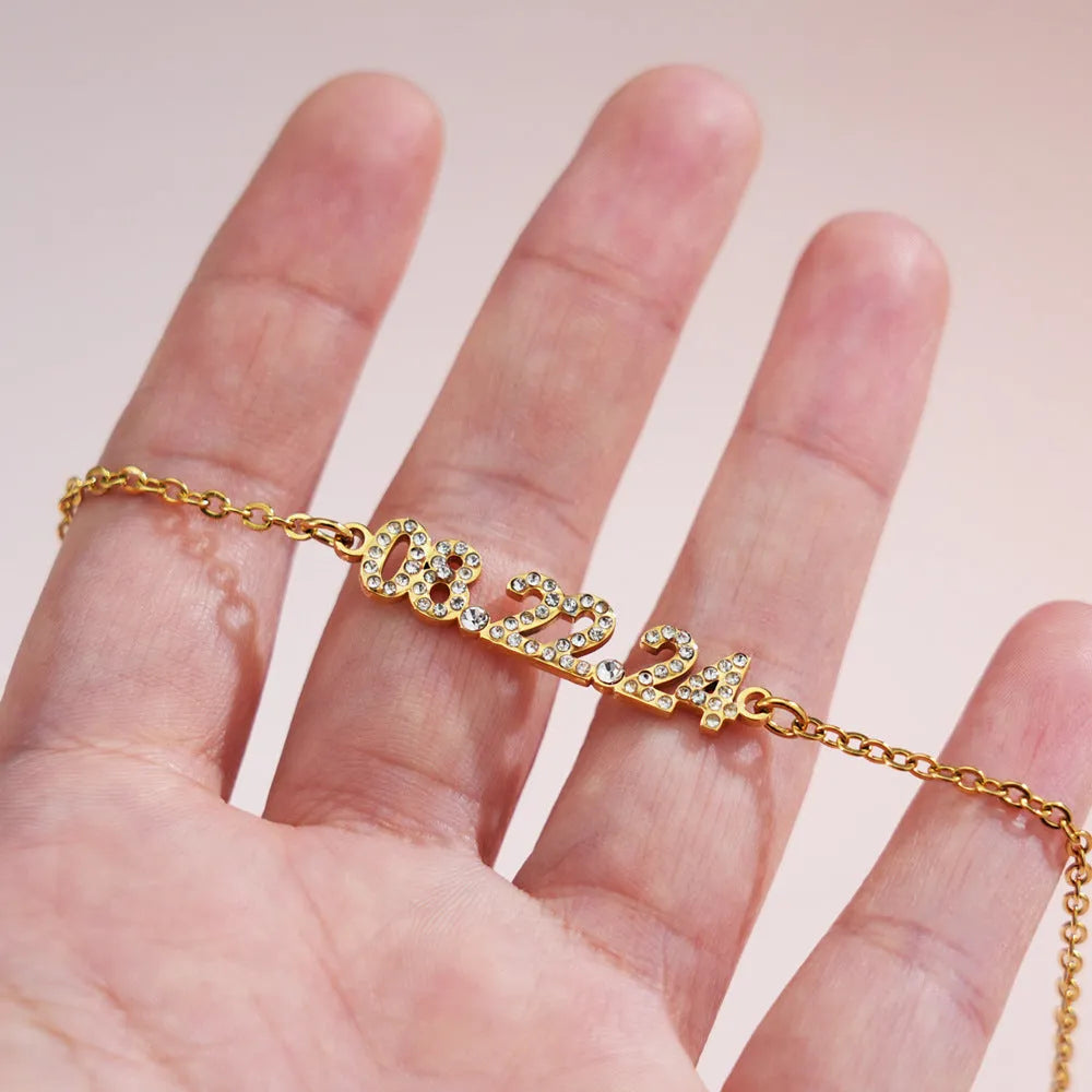 Stainless steel digital bracelet necklace with diamond studded numbers in gold, rose gold, or steel