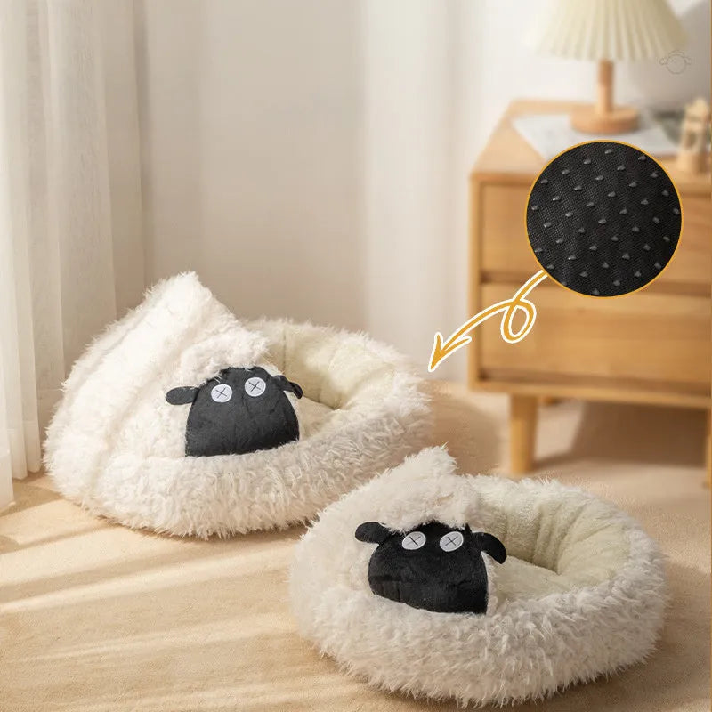 Lamb shape cave cat bed in warm plush fabric, semi-closed round design, available in S and M sizes