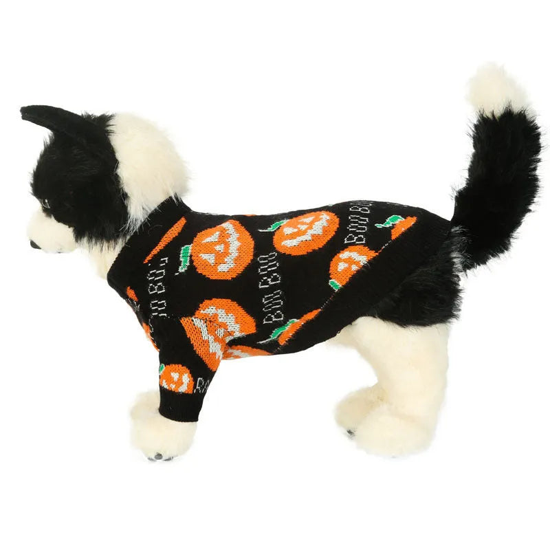 Black Halloween dog sweater with orange pumpkin pattern print, pullover style with four leg holes