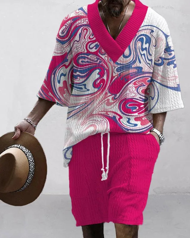 Men's loose casual short sleeve suit with matching shorts in polyester fabric