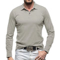 Men's long sleeve cotton t-shirt with a polo collar in an American retro style, shown in Dark Grey.