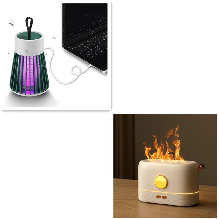 Black USB desktop humidifier with decorative orange flame effect and water tank on a wooden desk.