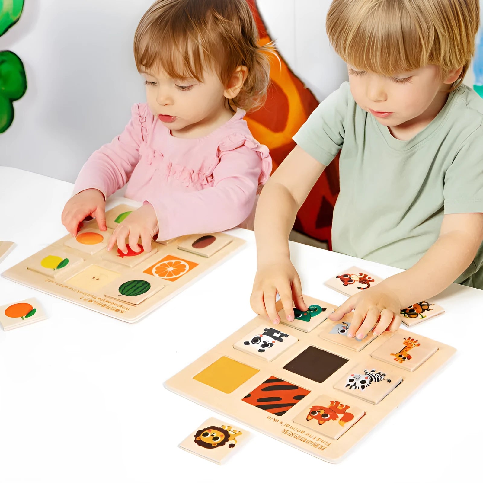 Wooden Montessori matching puzzle board with colour pieces, 17.5cm diameter, in colour box packaging