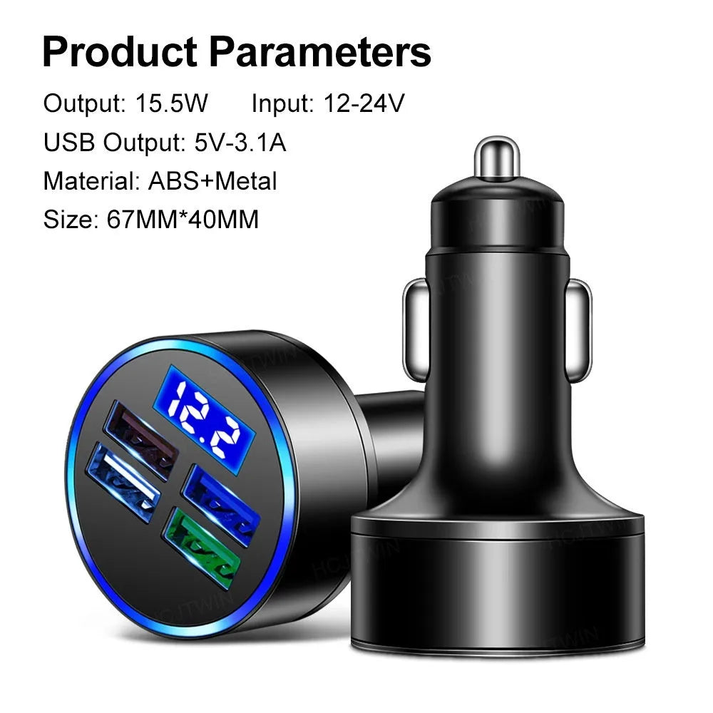 Black multi-port car charger with four USB ports and one cigarette lighter socket.
