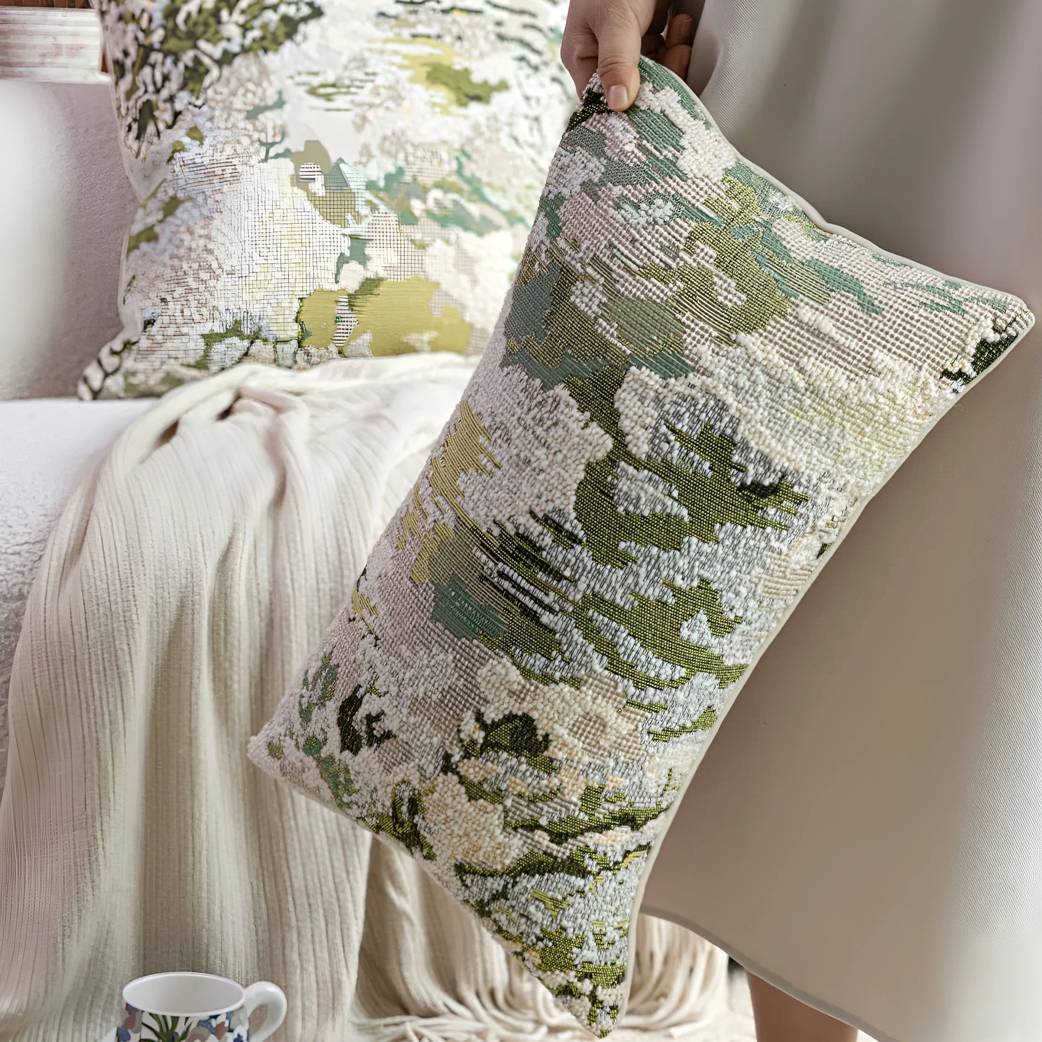 French antique style green wool blended cushion with abstract floral print in 50×50cm size
