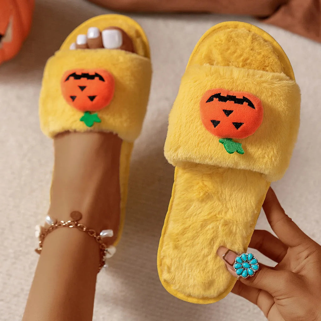 Yellow and white Halloween pumpkin plush open toe slippers with synthetic fur upper and PVC sole