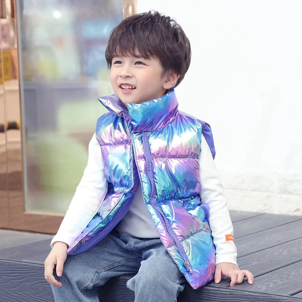 Children's down cotton vest in multicolor, with front closure, on a child, sizes 100-170cm