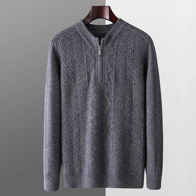 Men's grey pure wool half-zip sweater with diamond lattice pattern, loose fit, long sleeves.