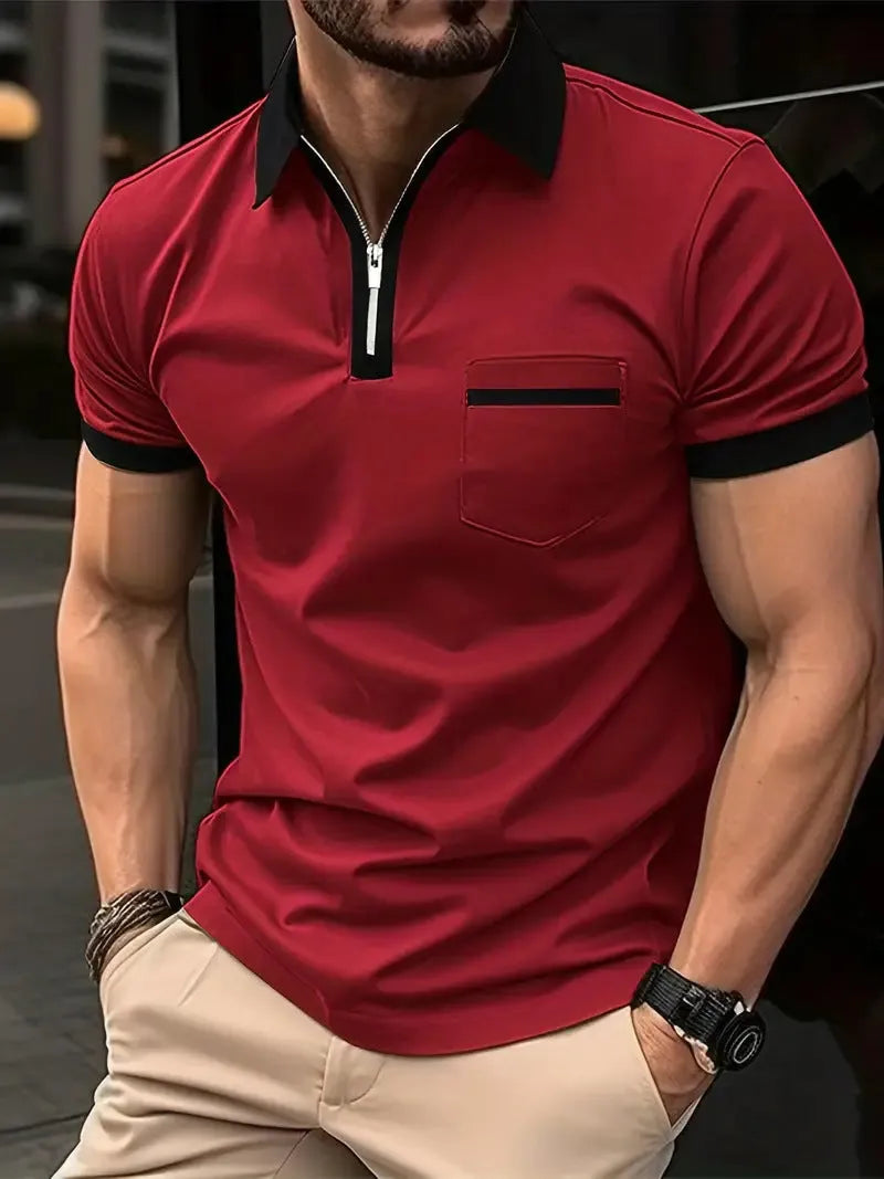 Men's loose-fit casual short-sleeve shirt with a zipper on the chest pocket, shown in a two-tone colour option.