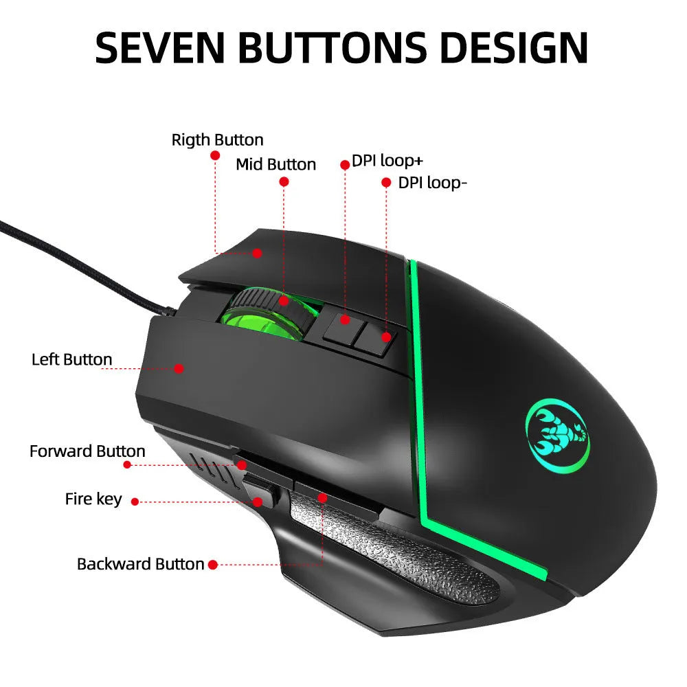Black wired gaming mouse with 8 buttons, adjustable DPI, and 7-color breathing light on a desk