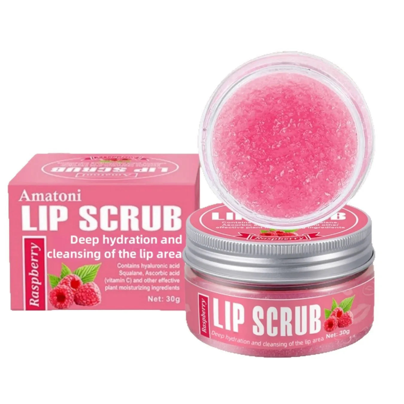 Amatoni 30g fruit flavour lip scrub cream jar in coconut raspberry vanilla watermelon options