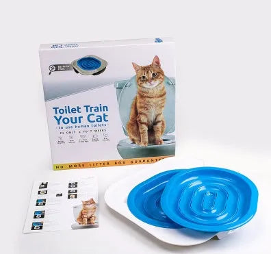 Blue cat toilet trainer with two blue training trays on a white toilet seat, 42x42x3.5cm ABS material