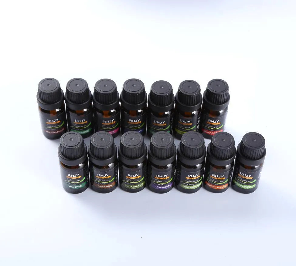Aromatherapy essential oil set of 14 bottles, 10ml each, 100% purity, with labels for different scents