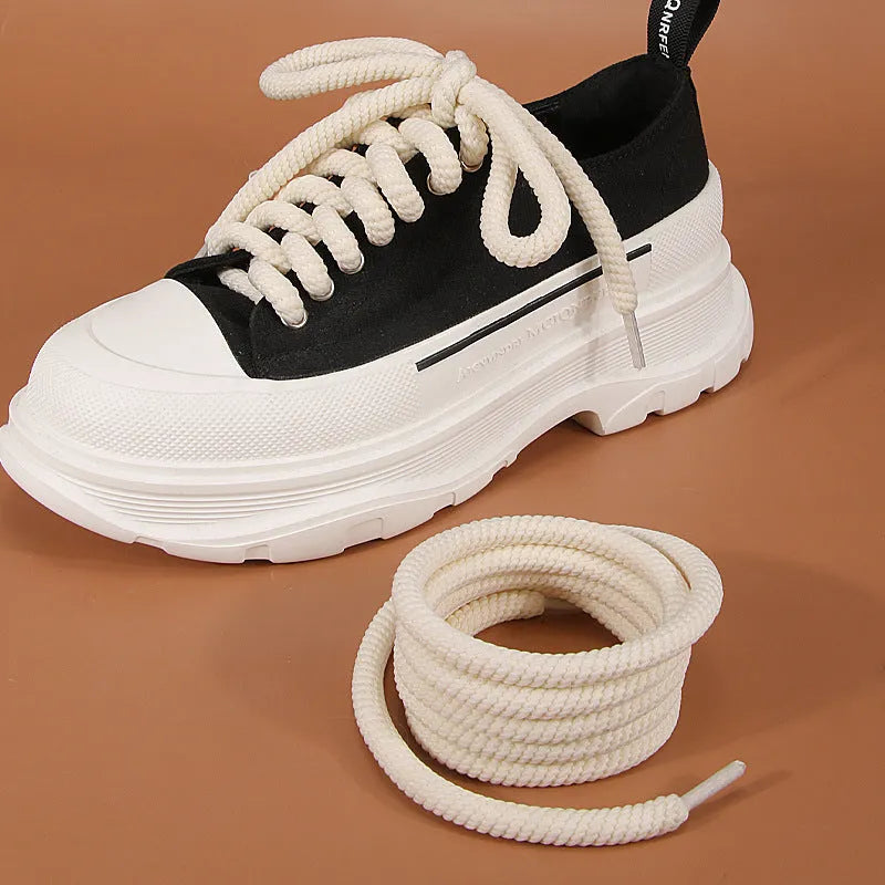 Round woven shoelaces for bread shoes in white, beige and black colours showing length options