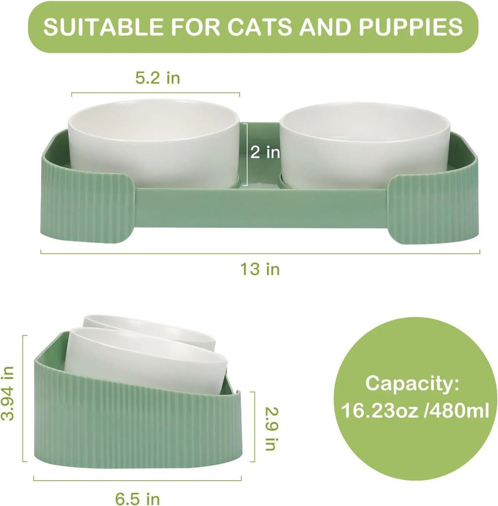 Green ceramic raised cat bowls on a tilted stand for anti-vomiting feeding