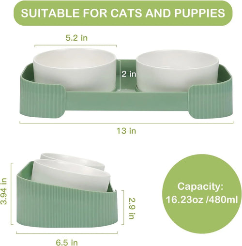 Green ceramic raised cat bowls on a tilted stand for anti-vomiting feeding
