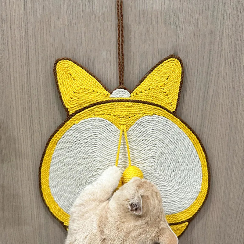 Yellow cat scratching pad with Corgi dog butt design, made from natural sisal with anti-slip base.
