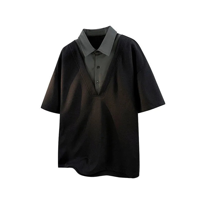 Men's black padded Henry collar polo shirt sweater with short sleeves